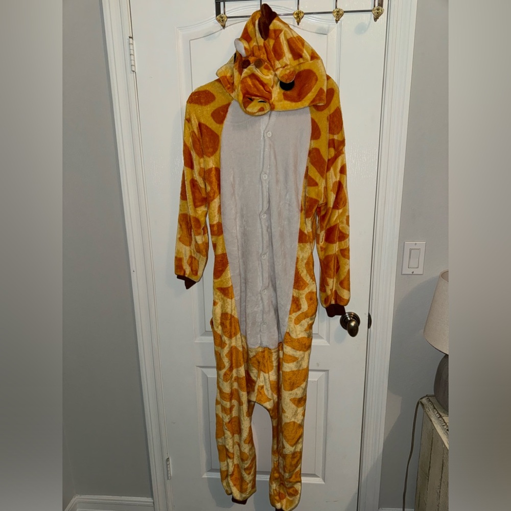 Giraffe Print Fuzzy Onesie with Hood - Yellow Brown  Pajama or Costume Size XL